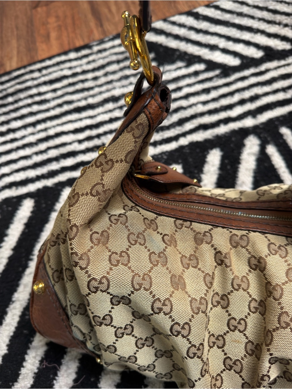 Beige Monogram Shoulder Bag with Brown Leather Trim - Picture 3 of 9
